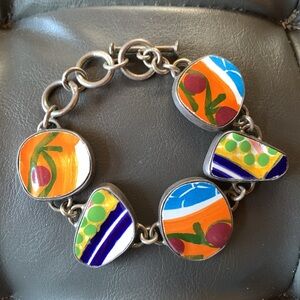 Vintage Silver Ceramic Tile Pieces Heavy Link Bracelet